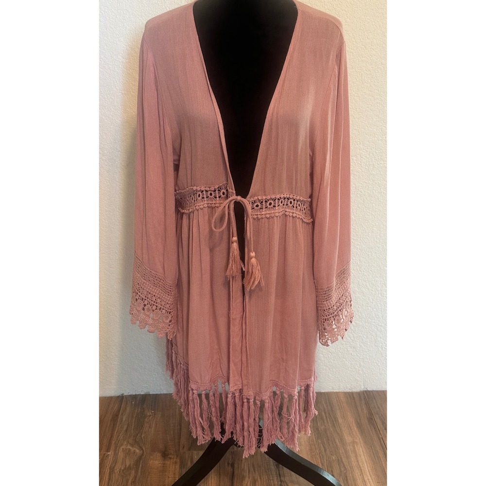 She + Sky Dusty Rose L Crochet Lace Fringe Kimono Cardigan Gauzy Boo
